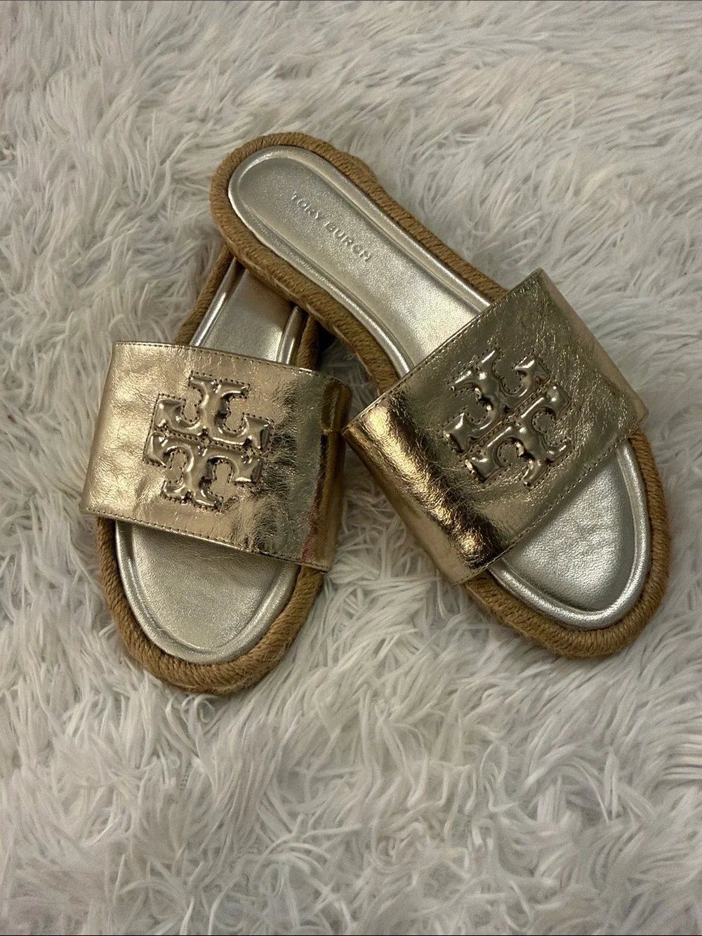 Tory Burch Metallic Gold Logo Slide Sandals with Jute Trim